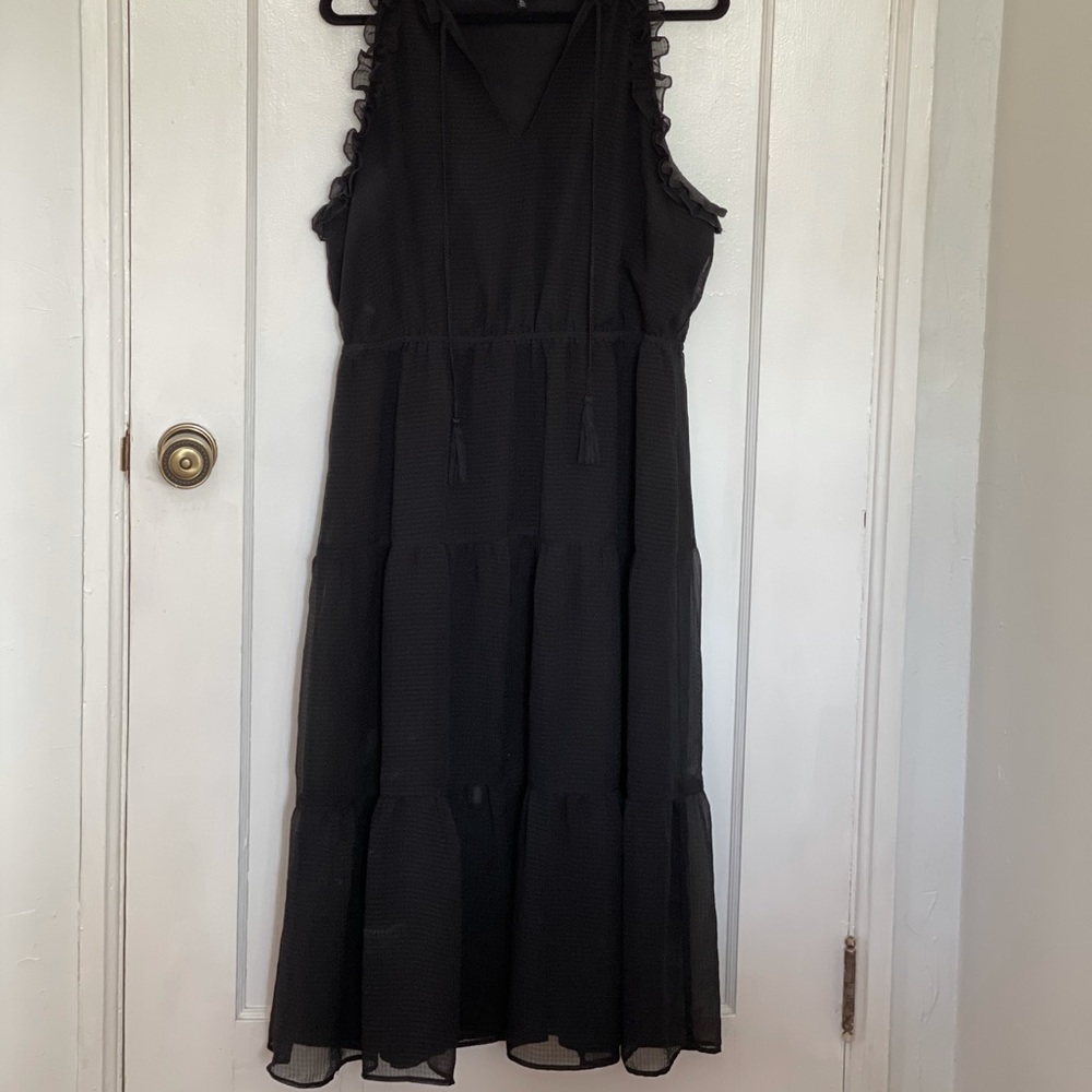 Ruffly Black Tie Mockneck Midi Dress
